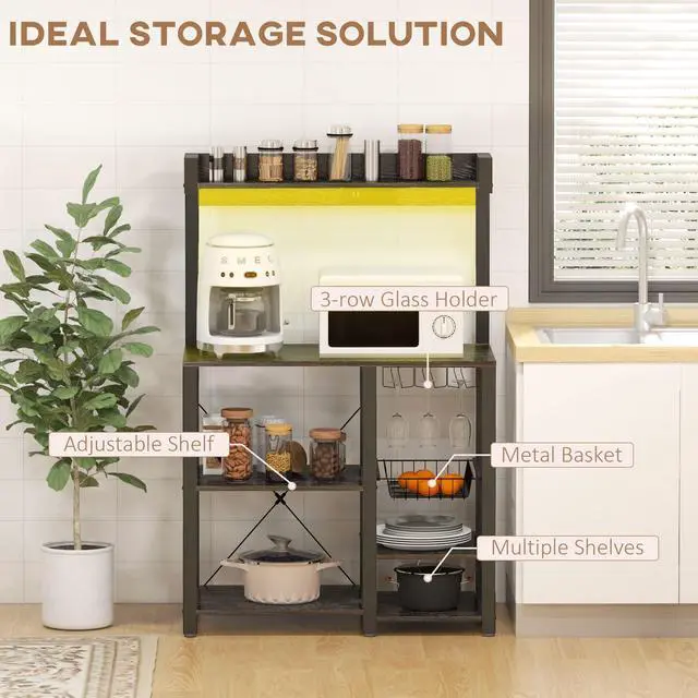 Alt view image 3 of 7 - HOMCOM Baker's Rack with Power Outlet and LED Lights, Bakers Racks for Kitchens with Storage, Industrial Microwave Stand with Glass Holders, Metal Basket, Multiple Shelves, Gray