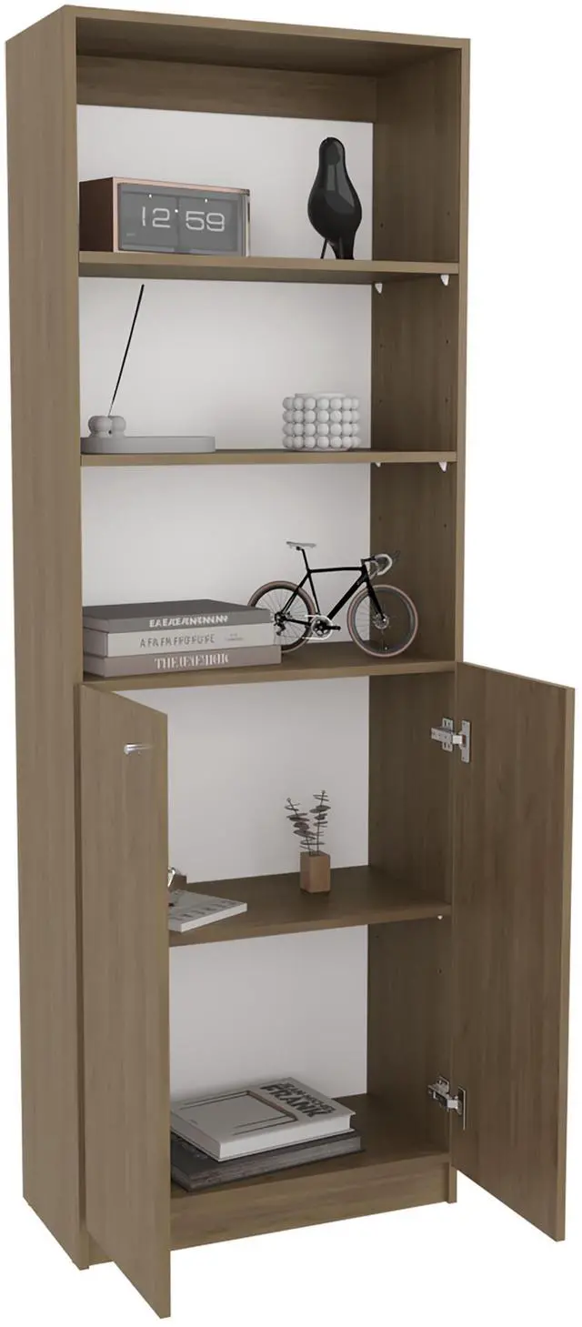 Alt view image 3 of 7 - Home 2-Door Bookcase, Modern Storage Unit With Dual Doors And Multi-Tier Shelves, Natural Oak