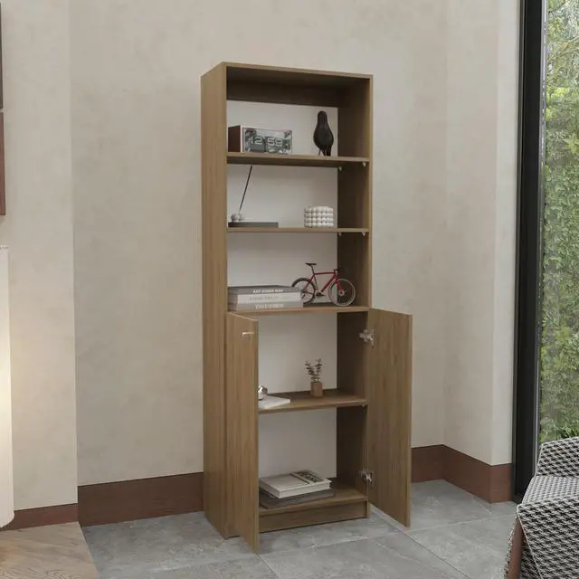 Alt view image 2 of 7 - Home 2-Door Bookcase, Modern Storage Unit With Dual Doors And Multi-Tier Shelves, Natural Oak