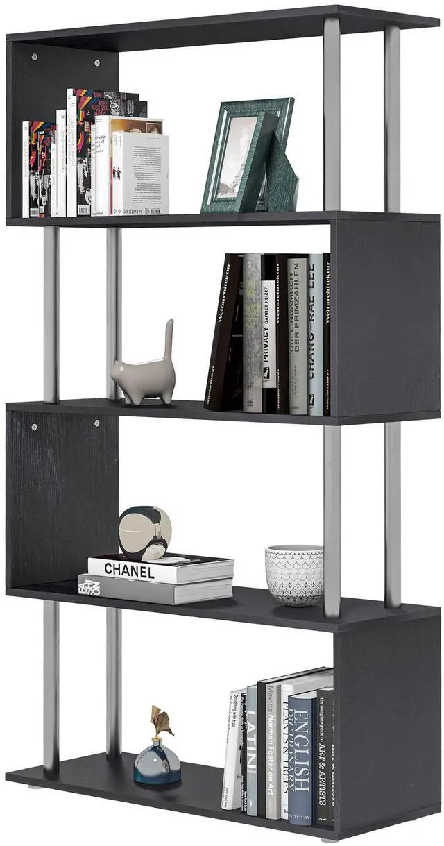 Main image of Modern S-Shaped 5 Tier Room Dividing Bookcase Wooden Storage Display Stand Shelf - Black