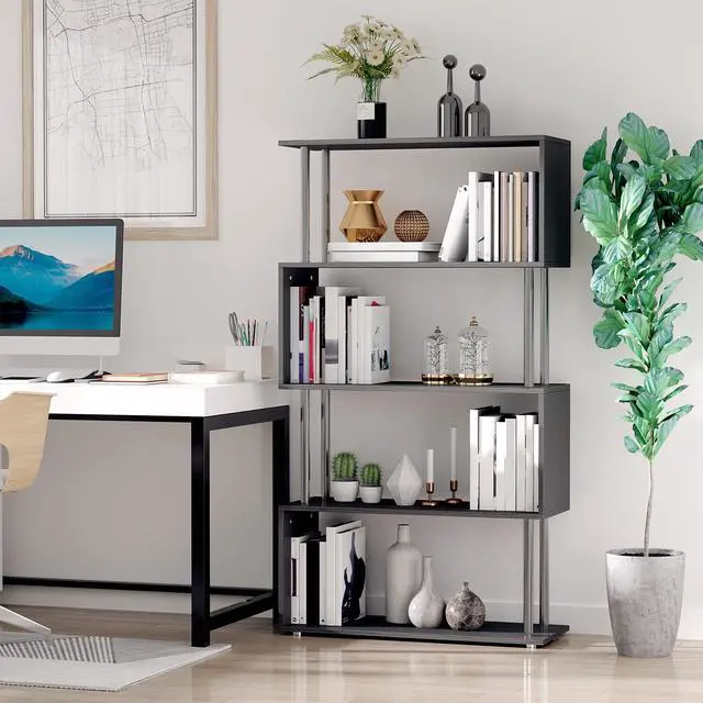 Alt view image 6 of 7 - Modern S-Shaped 5 Tier Room Dividing Bookcase Wooden Storage Display Stand Shelf - Black