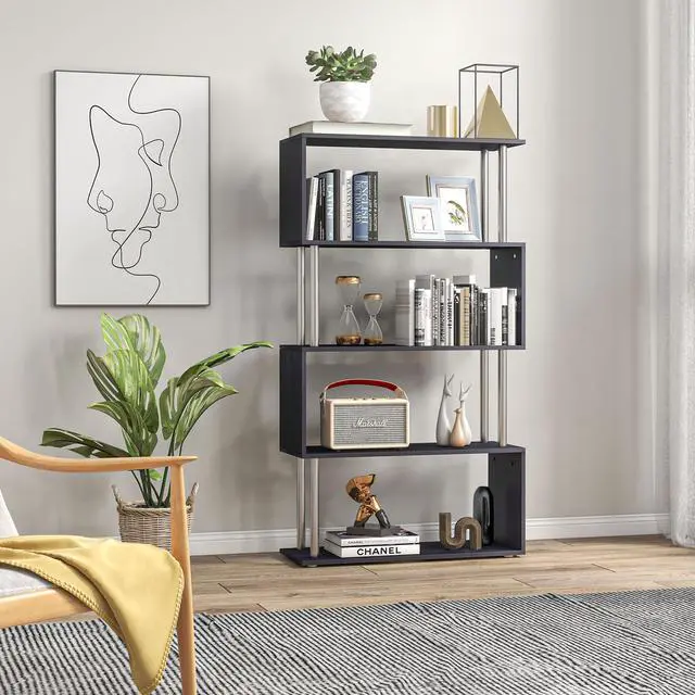 Alt view image 3 of 7 - Modern S-Shaped 5 Tier Room Dividing Bookcase Wooden Storage Display Stand Shelf - Black