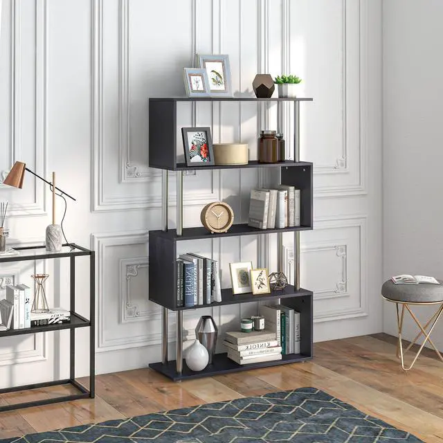 Alt view image 2 of 7 - Modern S-Shaped 5 Tier Room Dividing Bookcase Wooden Storage Display Stand Shelf - Black