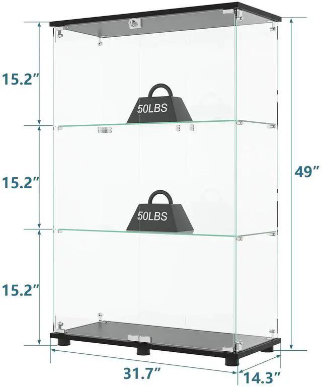 Alt view image 2 of 7 - Glass Display Cabinet with 3-Shelf Double Doors and Lock, Curio Cabinet 5mm Tempered Glass Floor Standing Bookshelf for Living Room, Bedroom, Office, 49 x 31.77 x 14.37 in, Black