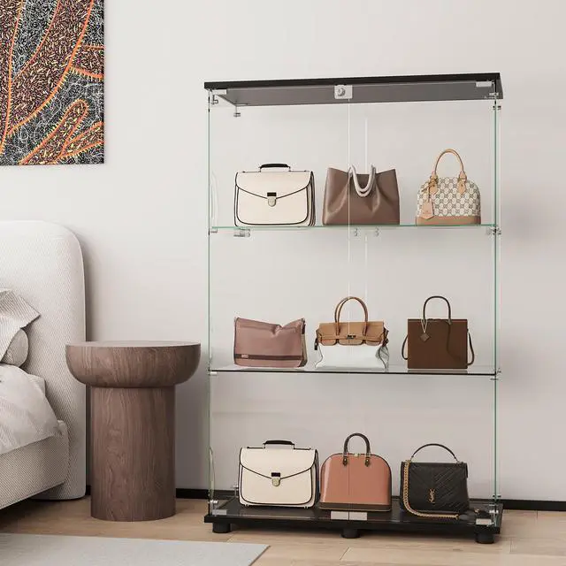 Alt view image 3 of 7 - Glass Display Cabinet with 3-Shelf Double Doors and Lock, Curio Cabinet 5mm Tempered Glass Floor Standing Bookshelf for Living Room, Bedroom, Office, 49 x 31.77 x 14.37 in, Black