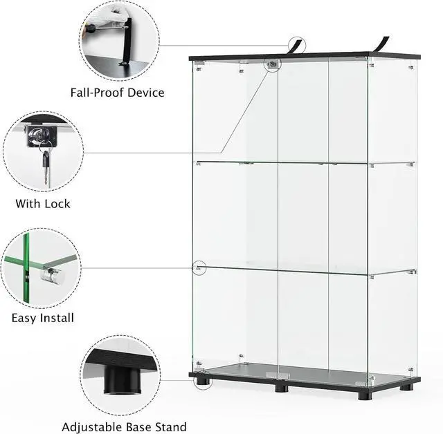 Alt view image 4 of 7 - Glass Display Cabinet with 3-Shelf Double Doors and Lock, Curio Cabinet 5mm Tempered Glass Floor Standing Bookshelf for Living Room, Bedroom, Office, 49 x 31.77 x 14.37 in, Black
