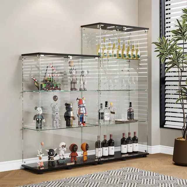 Alt view image 6 of 7 - Glass Display Cabinet with 3-Shelf Double Doors and Lock, Curio Cabinet 5mm Tempered Glass Floor Standing Bookshelf for Living Room, Bedroom, Office, 49 x 31.77 x 14.37 in, Black