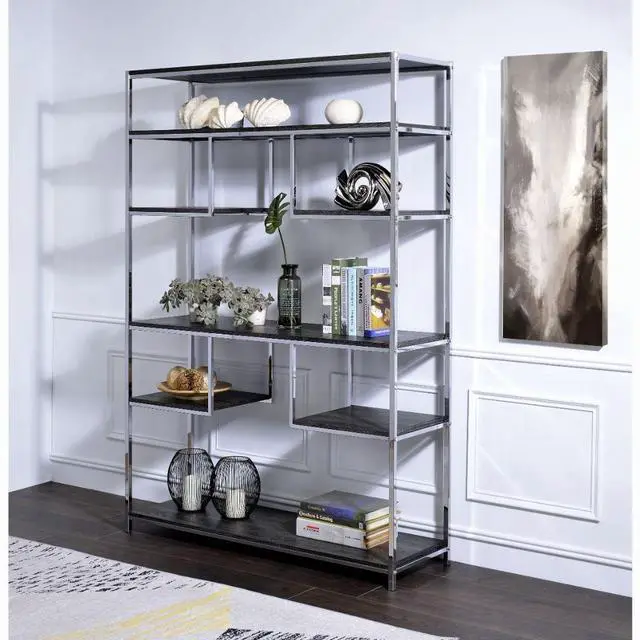 Main image of Rustic Grey Oak and Chrome 8-Shelf Bookshelf