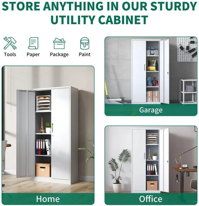 Alt view image 5 of 7 - 71"H Metal Garage Storage Cabinet, White Tool Steel Locking Cabinet with Doors and 3 Adjustable Shelves, Tall Cabinets for Garage Storage Systems Lockable File Cabinet for Home Office,Classroom,Pantry
