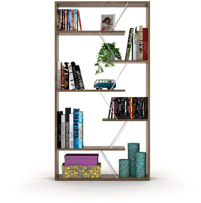 Alt view image 3 of 7 - Furnish Home Store Wood Frame Etagere Open Back 6 Shelves Bookcase Industrial Bookshelf for Office and Living Rooms Modern Bookcases Large Bookshelf Organizer, Walnut/Chrome