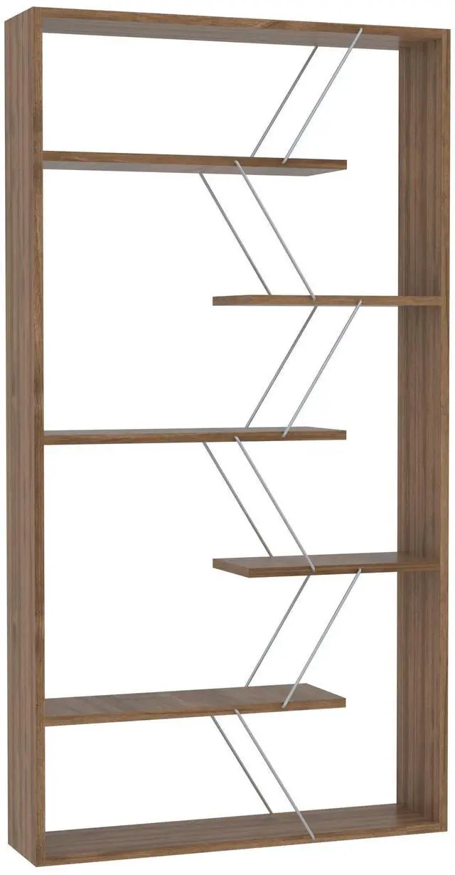 Alt view image 2 of 7 - Furnish Home Store Wood Frame Etagere Open Back 6 Shelves Bookcase Industrial Bookshelf for Office and Living Rooms Modern Bookcases Large Bookshelf Organizer, Walnut/Chrome