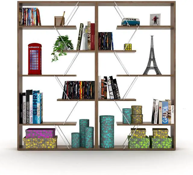 Alt view image 4 of 7 - Furnish Home Store Wood Frame Etagere Open Back 6 Shelves Bookcase Industrial Bookshelf for Office and Living Rooms Modern Bookcases Large Bookshelf Organizer, Walnut/Chrome