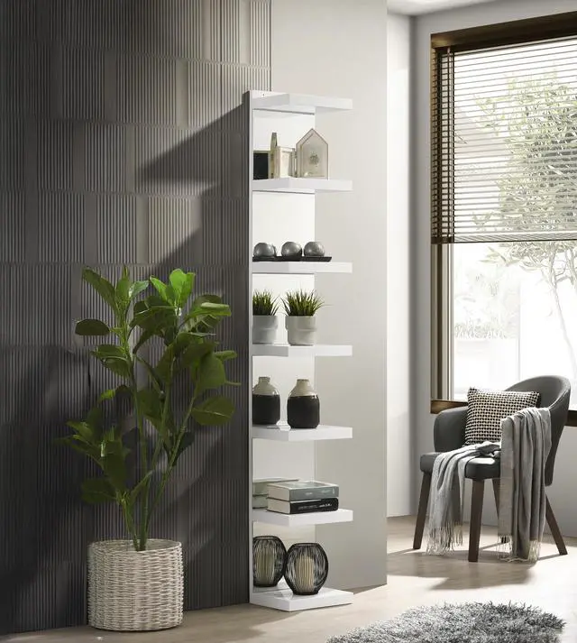 Main image of 1pc Glam White Open Shelving Rack with Mirrored Back Living Room Wooden Furniture