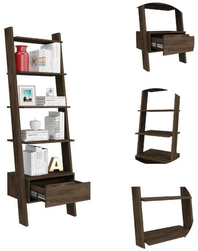 Alt view image 2 of 7 - Ladder Bookcase Bull, One Drawer, Five Open Shelves, Dark Walnut Finish