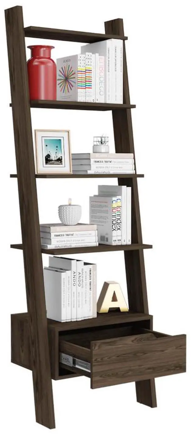 Alt view image 3 of 7 - Ladder Bookcase Bull, One Drawer, Five Open Shelves, Dark Walnut Finish