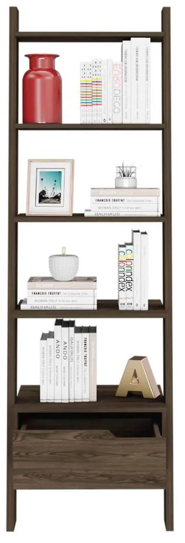 Alt view image 7 of 7 - Ladder Bookcase Bull, One Drawer, Five Open Shelves, Dark Walnut Finish