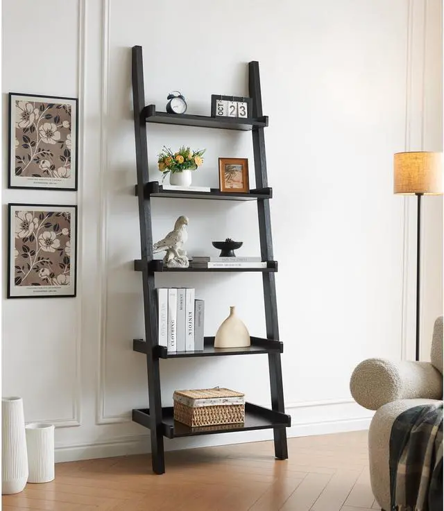 Main image of Bookcase ladder five shelf popular modern design multi-depth shelves with rounded shelf barrier corners