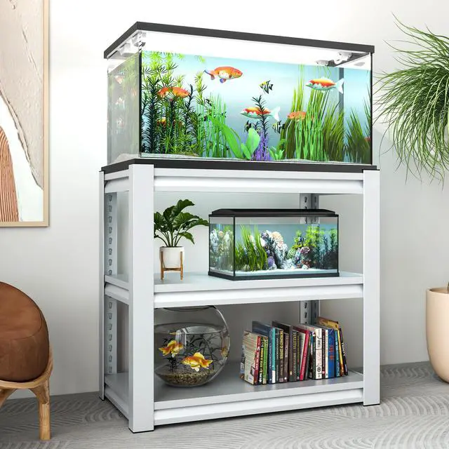 Alt view image 2 of 7 - 20-30 Gallon Fish Tank Stand - Metal Aquarium Stand, 34 "W x 18 "D x 31"H Adjustable Heavy Duty Reptile Tank Stand, Adjustable 3-Tier Fish Tank Rack Shelf for Home Office, Tank Not Included