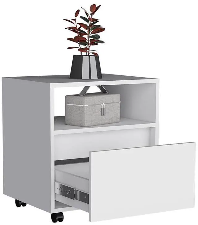 Alt view image 7 of 7 - Austin Nightstand , End Table, Side Table Casters, Single Drawer-White