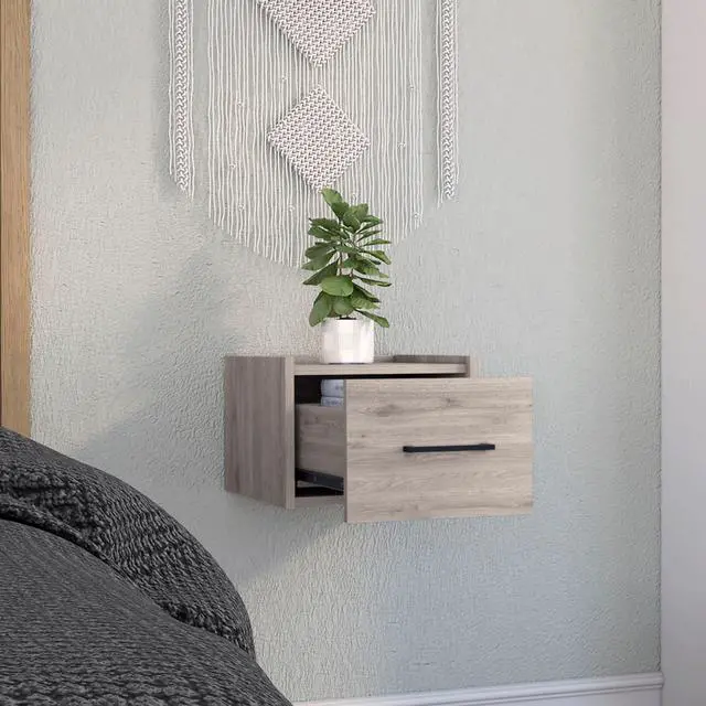 Alt view image 4 of 5 - Boa Floating Nightstand , End Table, Side Table Wall-Mounted Single Drawer Design with Handle- Light Grey - Bedroom