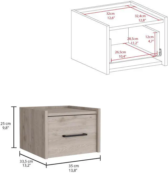 Alt view image 3 of 5 - Boa Floating Nightstand , End Table, Side Table Wall-Mounted Single Drawer Design with Handle- Light Grey - Bedroom