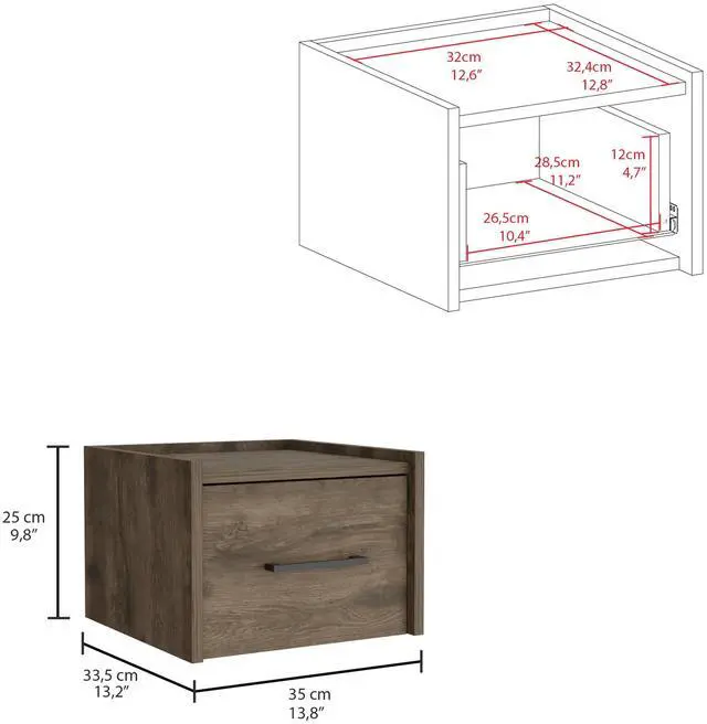 Alt view image 3 of 5 - Boa Floating Nightstand , End Table, Side Table Wall-Mounted Single Drawer Design with Handle- Dark Brown - Bedroom