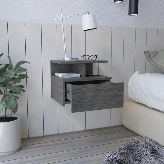 Alt view image 4 of 7 - Adele Floating Nightstand with Drawer and Open Storage Shelves