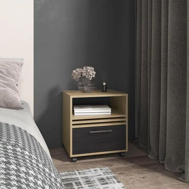 Main image of Vance 20" High One Drawer Nightstand, Casters, Mobile, One Shelf, Bedroom Natural Oak