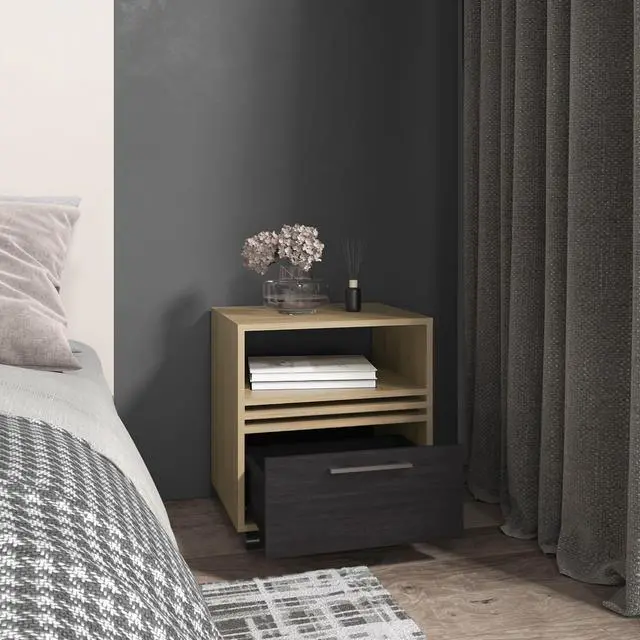 Alt view image 5 of 7 - Vance 20" High One Drawer Nightstand, Casters, Mobile, One Shelf, Bedroom Natural Oak