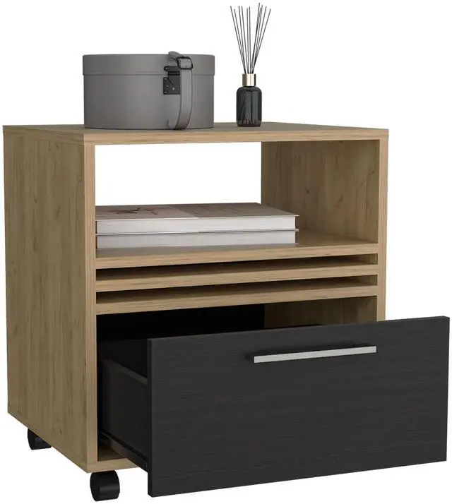 Alt view image 7 of 7 - Vance 20" High One Drawer Nightstand, Casters, Mobile, One Shelf, Bedroom Natural Oak