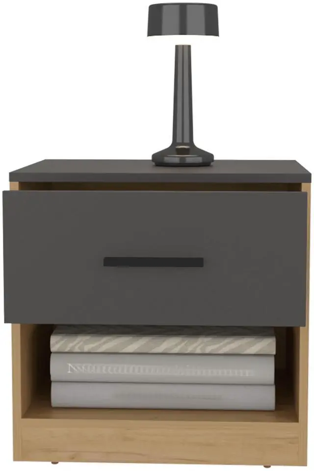 Alt view image 7 of 7 - Alder 19.7" High One Drawer Nightstand Side Table end Table with Open Shelf for Bedroom, Home Office, Living Room Natural Oak - Matt Gray