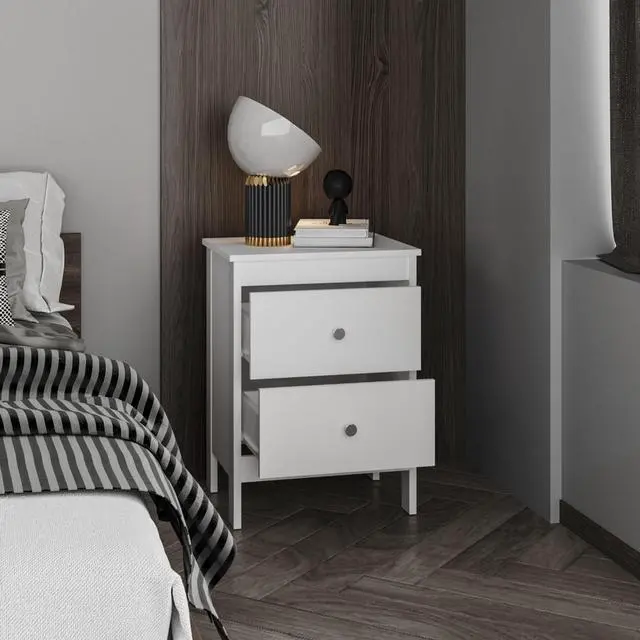 Alt view image 2 of 7 - Newcastle Nightstand Two Drawer And Open Shelf, Modern Bedside Table, White