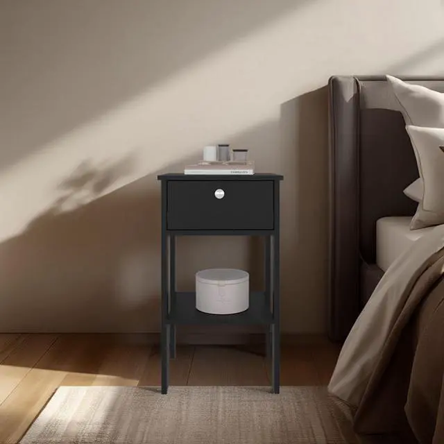 Main image of Newcastle Nightstand With One Drawer And Open Shelf, Modern Bedside Table, Black