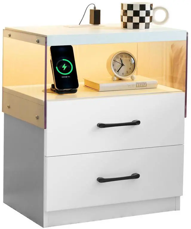 Main image of Nightstand with LED Lights, Adjustable Light Colors, Bedside Table, Side Table with 2 Drawers,White