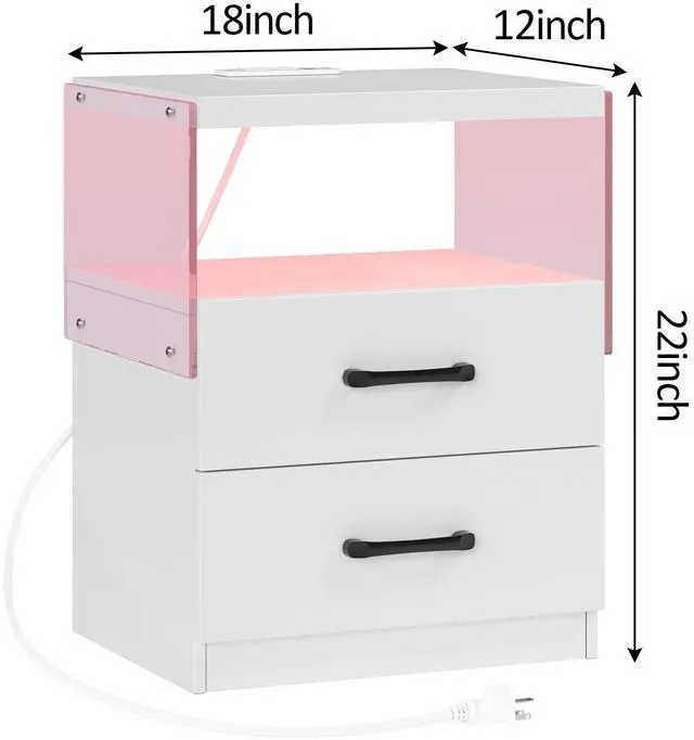 Alt view image 2 of 6 - Nightstand with LED Lights, Adjustable Light Colors, Bedside Table, Side Table with 2 Drawers,White