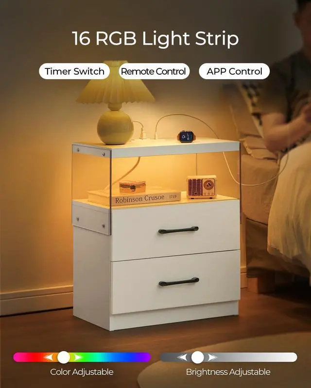Alt view image 3 of 6 - Nightstand with LED Lights, Adjustable Light Colors, Bedside Table, Side Table with 2 Drawers,White