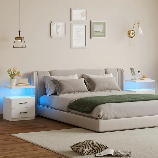 Alt view image 6 of 6 - Nightstand with LED Lights, Adjustable Light Colors, Bedside Table, Side Table with 2 Drawers,White