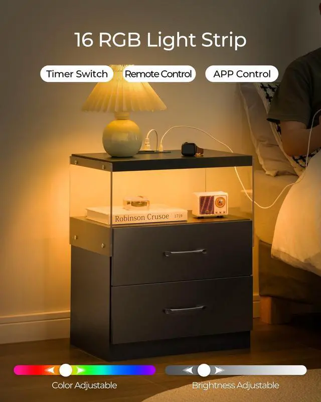 Alt view image 3 of 6 - Nightstand with LED Lights, Adjustable Light Colors, Bedside Table, Side Table with 2 Drawers,Black