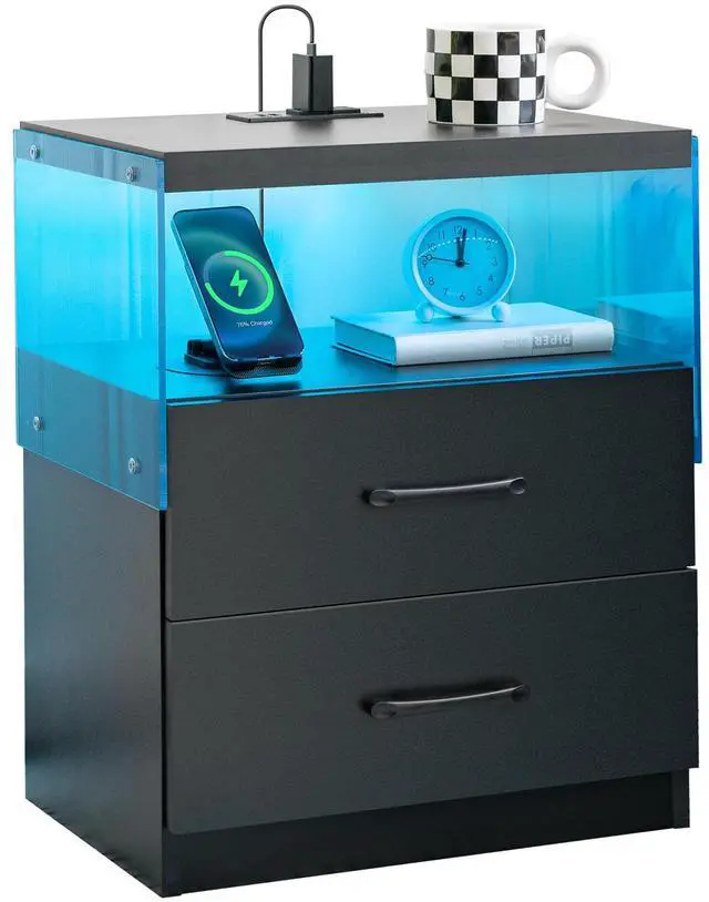 Main image of Nightstand with LED Lights, Adjustable Light Colors, Bedside Table, Side Table with 2 Drawers,Black