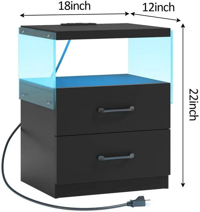 Alt view image 2 of 6 - Nightstand with LED Lights, Adjustable Light Colors, Bedside Table, Side Table with 2 Drawers,Black