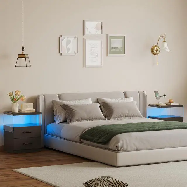 Alt view image 6 of 6 - Nightstand with LED Lights, Adjustable Light Colors, Bedside Table, Side Table with 2 Drawers,Black