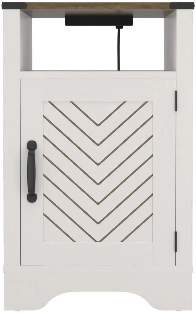 Alt view image 2 of 6 - Farmhouse Nightstand Side Table, Wooden Rustic End Table, Tall Bedside Table with Electrical Outlets Charging Station  - White & Oak