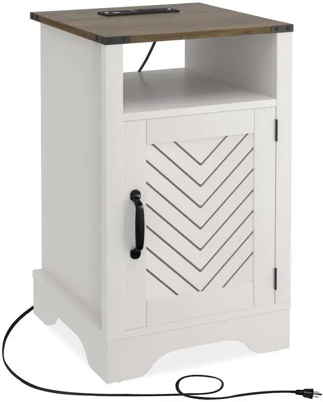 Alt view image 3 of 6 - Farmhouse Nightstand Side Table, Wooden Rustic End Table, Tall Bedside Table with Electrical Outlets Charging Station  - White & Oak