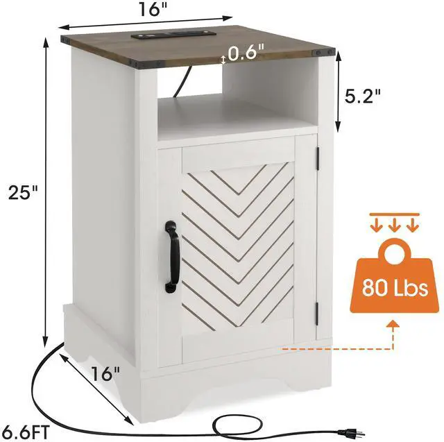 Alt view image 4 of 6 - Farmhouse Nightstand Side Table, Wooden Rustic End Table, Tall Bedside Table with Electrical Outlets Charging Station  - White & Oak