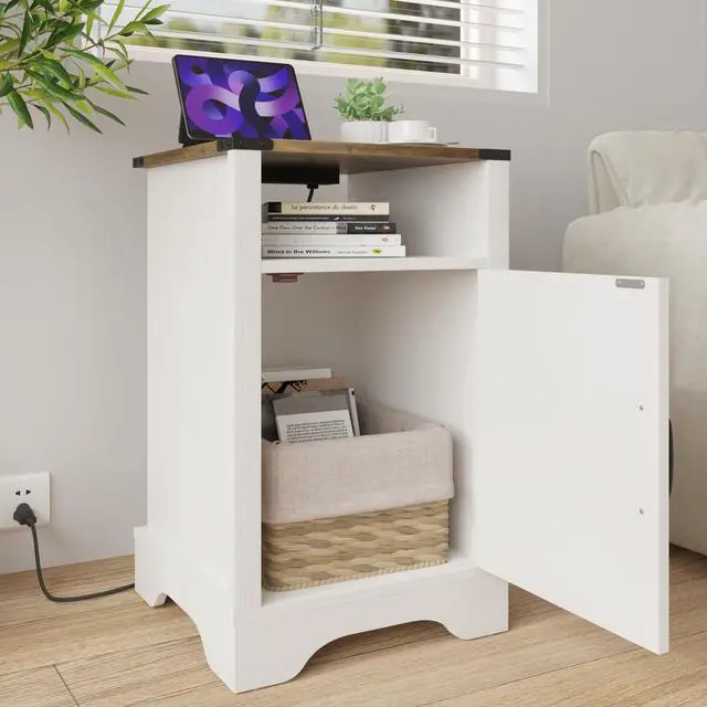 Alt view image 5 of 6 - Farmhouse Nightstand Side Table, Wooden Rustic End Table, Tall Bedside Table with Electrical Outlets Charging Station  - White & Oak