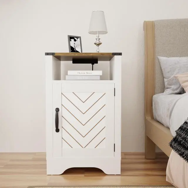 Alt view image 6 of 6 - Farmhouse Nightstand Side Table, Wooden Rustic End Table, Tall Bedside Table with Electrical Outlets Charging Station  - White & Oak