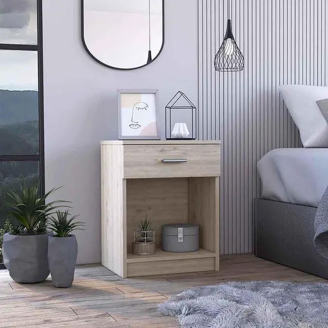 Main image of Eco Nightstand , End Table, Side Table Superior Top,  One Drawer, Lower Shelf -Light Gray