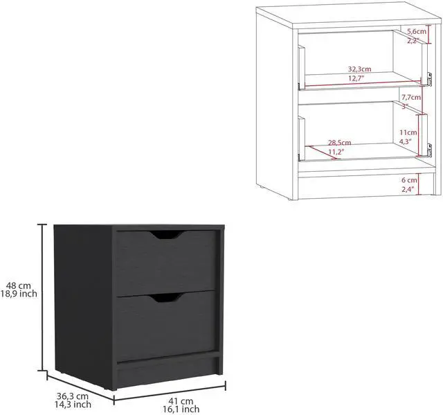 Alt view image 3 of 7 - Basilea 2 Drawers Nightstand , End Table, Side Table Pull Out System -Black