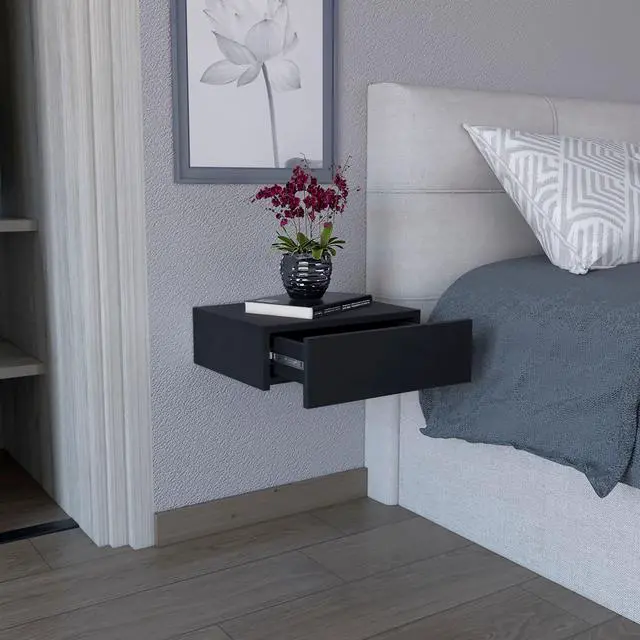 Alt view image 4 of 5 - Milano Floating Nightstand , End Table, Side Table Wall-Mounted with Drawer -Black -Bedroom