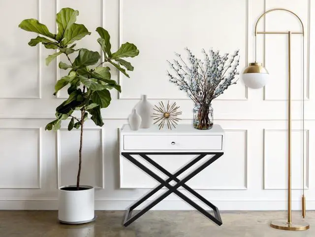 Main image of Koda 23" White Wooden End Side Table Nightstand with Glass Top, Drawer and Metal Cross Base